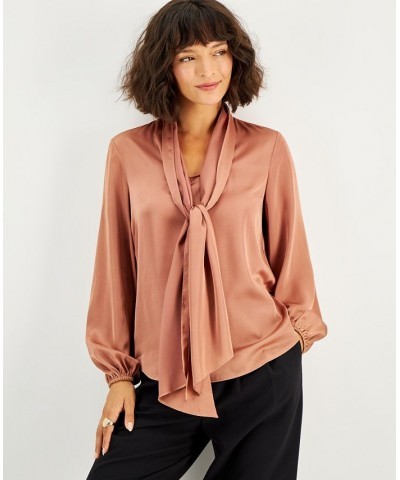 Women's Bow-Tie Long-Sleeve Blouse Tamarind $23.13 Tops