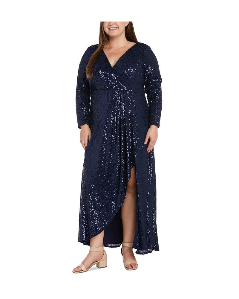 Plus Size Long-Sleeve V-Neck Sequin Gown Navy Multi $60.86 Dresses