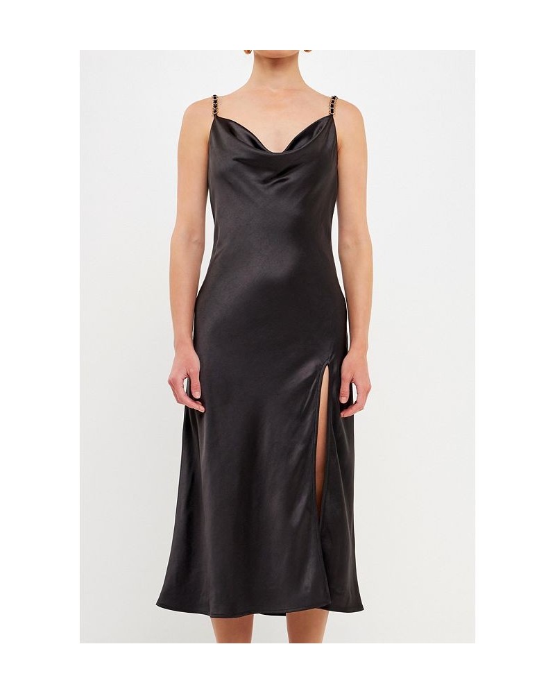 Women's Chunky Chain Satin Slit Dress Black $52.80 Dresses