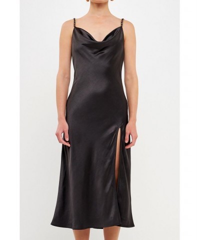 Women's Chunky Chain Satin Slit Dress Black $52.80 Dresses