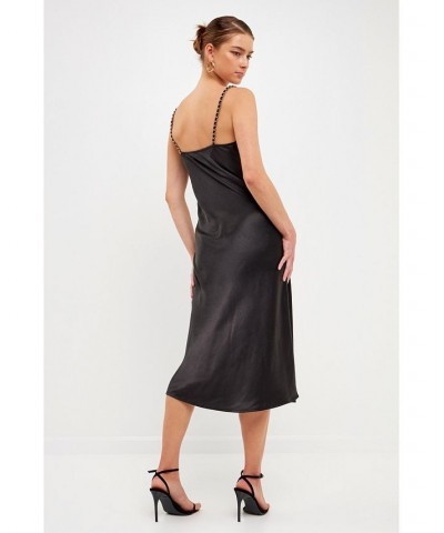 Women's Chunky Chain Satin Slit Dress Black $52.80 Dresses