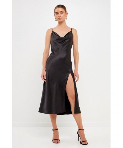 Women's Chunky Chain Satin Slit Dress Black $52.80 Dresses