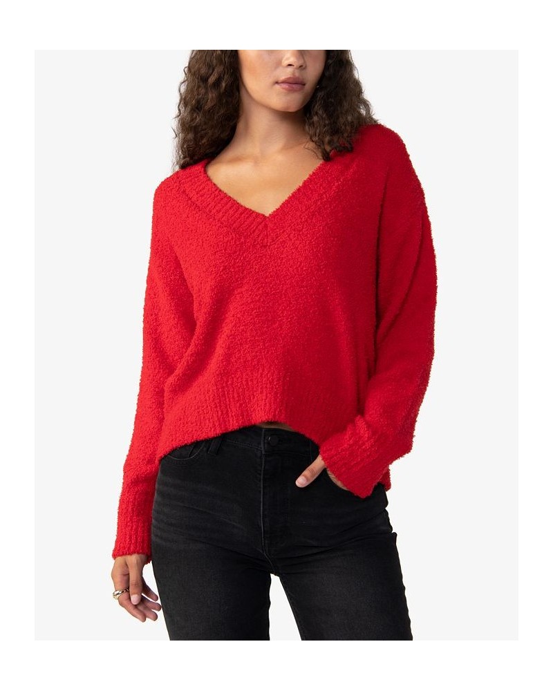 Women's Plush Long Sleeve V-Neck Sweater Red $22.70 Sweaters