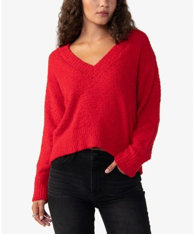 Women's Plush Long Sleeve V-Neck Sweater Red $22.70 Sweaters