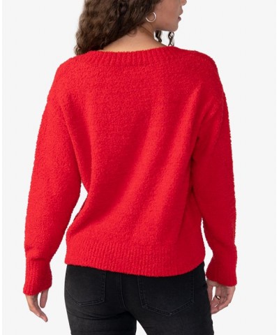 Women's Plush Long Sleeve V-Neck Sweater Red $22.70 Sweaters