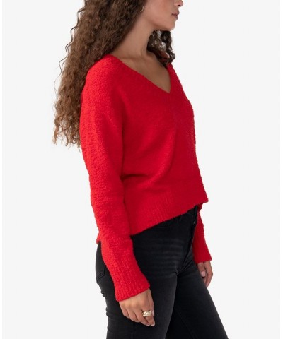 Women's Plush Long Sleeve V-Neck Sweater Red $22.70 Sweaters