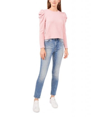 Draped Shoulder Long Sleeve Crewneck Top Pink $19.67 Tops