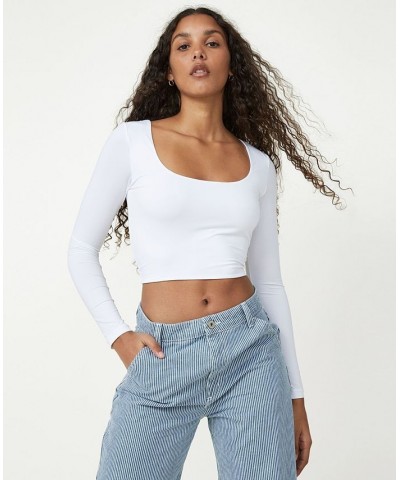 Women's Sculpted Scoop Neck Long Sleeve Top White $21.19 Tops