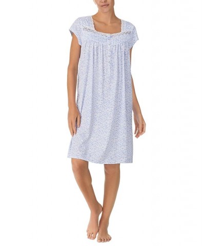 Women's Cotton Embellished Cap-Sleeve Nightgown Blue Print $34.04 Sleepwear