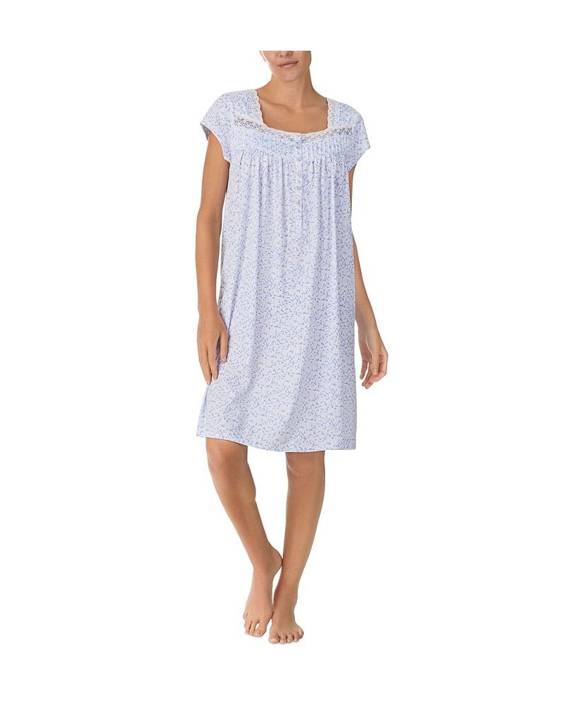 Women's Cotton Embellished Cap-Sleeve Nightgown Blue Print $34.04 Sleepwear