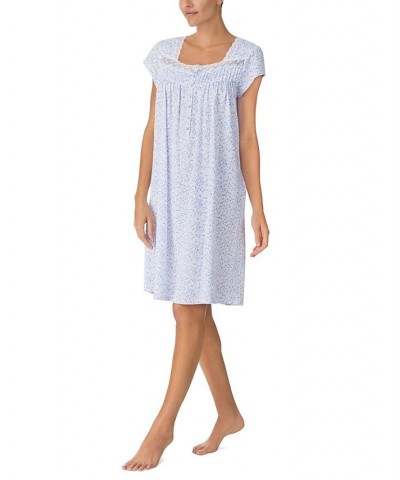 Women's Cotton Embellished Cap-Sleeve Nightgown Blue Print $34.04 Sleepwear