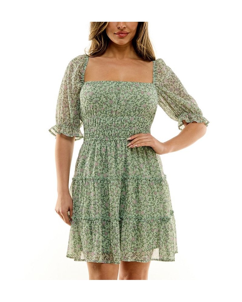 Juniors' Floral-Print Smocked-Waist Tiered Dress Sage Floral $28.32 Dresses