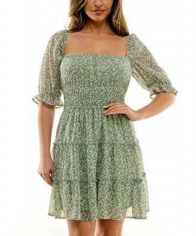 Juniors' Floral-Print Smocked-Waist Tiered Dress Sage Floral $28.32 Dresses