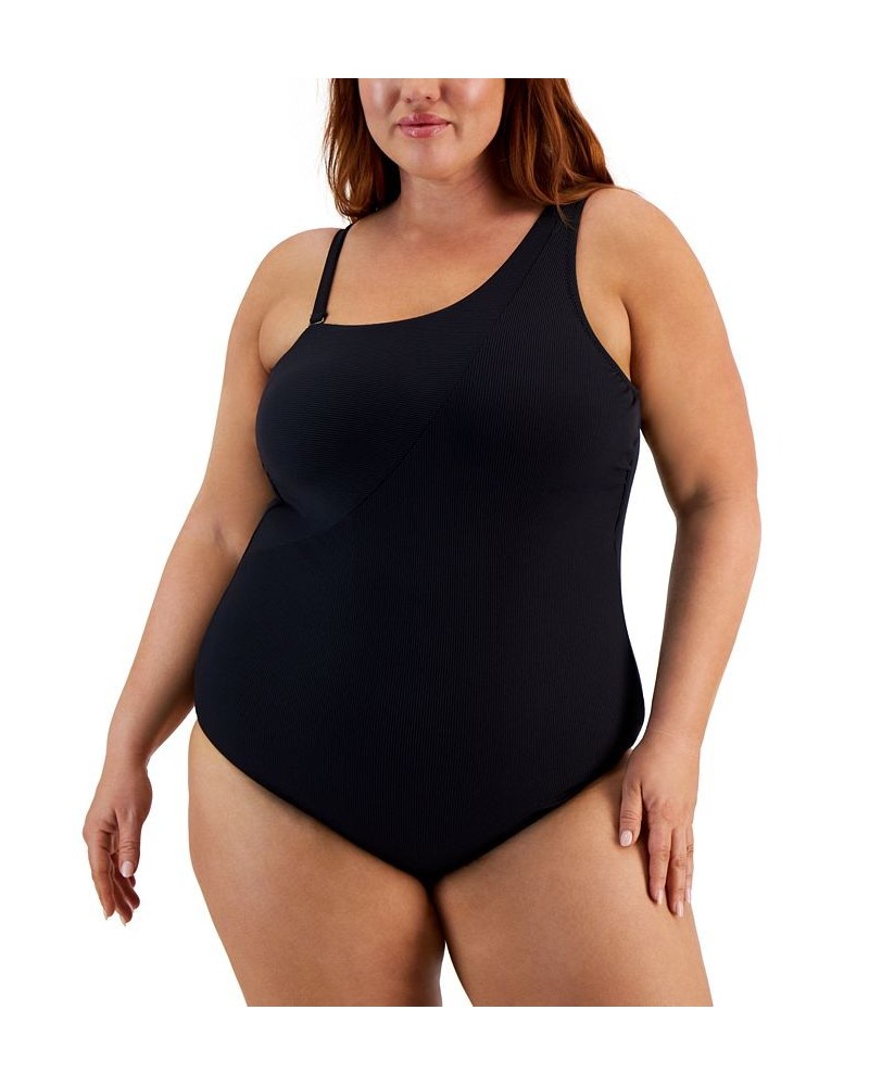 Trendy Plus Size Fine Line One-Piece Swimsuit Black $82.32 Swimsuits