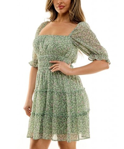 Juniors' Floral-Print Smocked-Waist Tiered Dress Sage Floral $28.32 Dresses