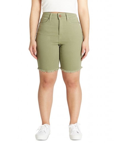 Juniors' High Rise Frayed Hem Bermuda Shorts Green $10.25 Shorts