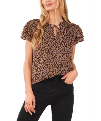 Women's Flutter-Sleeve Leopard-Print Short Sleeve Blouse Spicewood $42.72 Tops