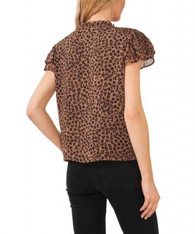 Women's Flutter-Sleeve Leopard-Print Short Sleeve Blouse Spicewood $42.72 Tops