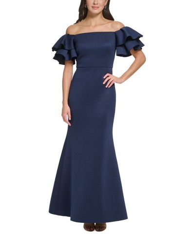 Women's Ruffled-Sleeve Off-The-Shoulder Mermaid Gown Navy $87.36 Dresses