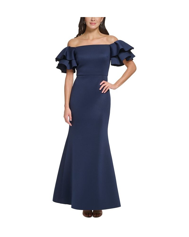 Women's Ruffled-Sleeve Off-The-Shoulder Mermaid Gown Navy $87.36 Dresses