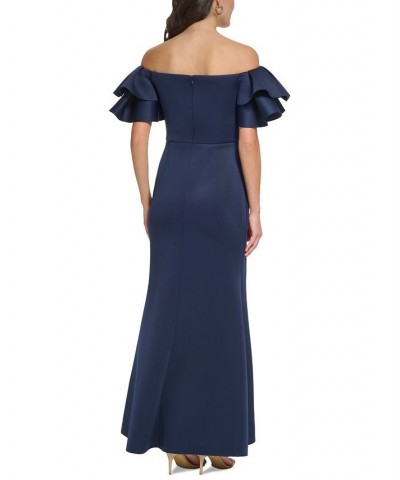 Women's Ruffled-Sleeve Off-The-Shoulder Mermaid Gown Navy $87.36 Dresses