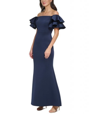 Women's Ruffled-Sleeve Off-The-Shoulder Mermaid Gown Navy $87.36 Dresses