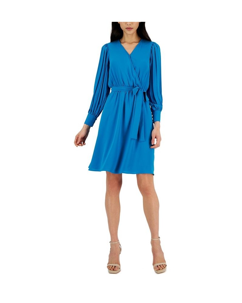 Women's V-Neck Pleated-Long-Sleeve Dress Blue $33.23 Dresses