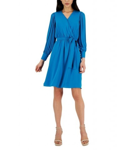 Women's V-Neck Pleated-Long-Sleeve Dress Blue $33.23 Dresses