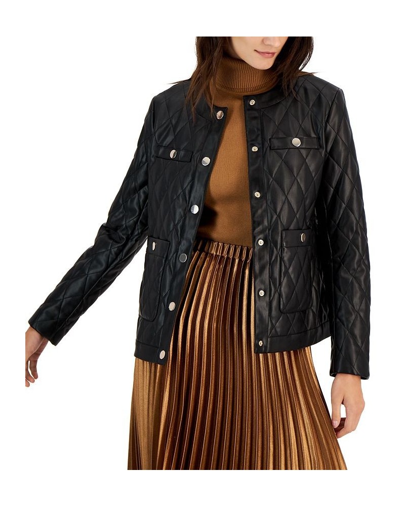 Women's Faux-Leather Quilted Snap Jacket Anne Black $45.41 Jackets