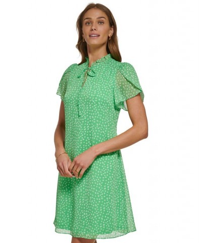 Women's Ruffled Tie-Neck Tulip-Sleeve Printed Dress Ivory/Green $41.65 Dresses