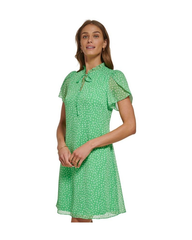 Women's Ruffled Tie-Neck Tulip-Sleeve Printed Dress Ivory/Green $41.65 Dresses