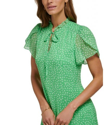 Women's Ruffled Tie-Neck Tulip-Sleeve Printed Dress Ivory/Green $41.65 Dresses