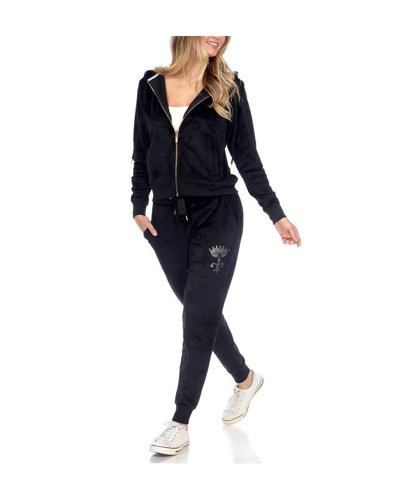 Rhinestone Velour Tracksuit 2 Piece Set Black $42.72 Sleepwear