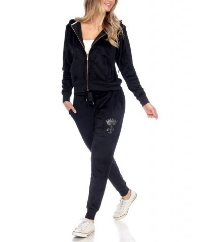 Rhinestone Velour Tracksuit 2 Piece Set Black $42.72 Sleepwear