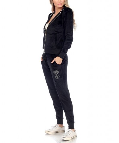 Rhinestone Velour Tracksuit 2 Piece Set Black $42.72 Sleepwear