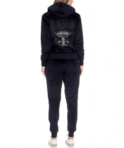 Rhinestone Velour Tracksuit 2 Piece Set Black $42.72 Sleepwear