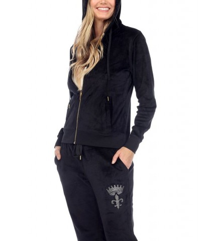 Rhinestone Velour Tracksuit 2 Piece Set Black $42.72 Sleepwear