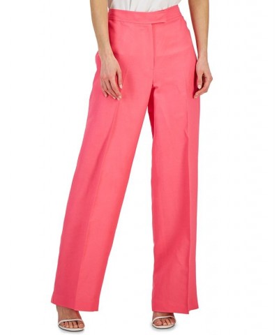 Women's Linen High Rise Wide-Leg Asymmetrical-Fly Pants Pink $49.05 Pants