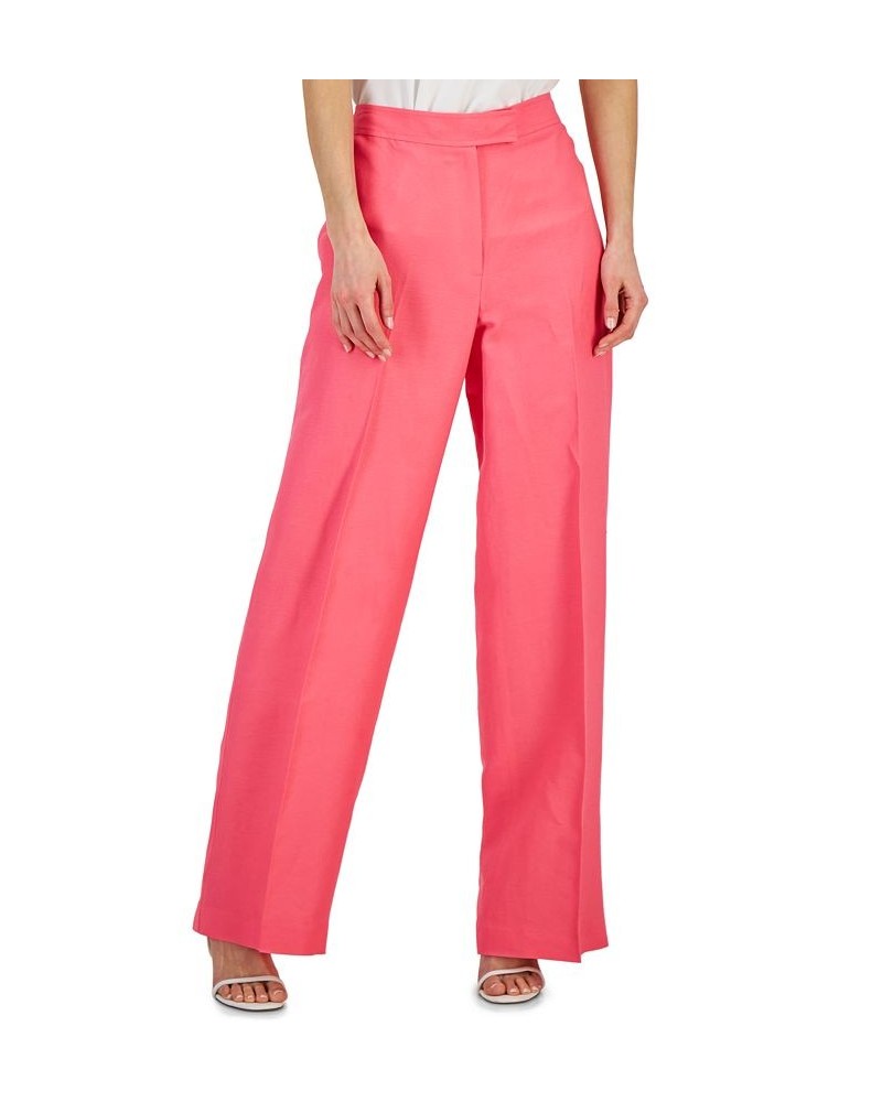 Women's Linen High Rise Wide-Leg Asymmetrical-Fly Pants Pink $49.05 Pants