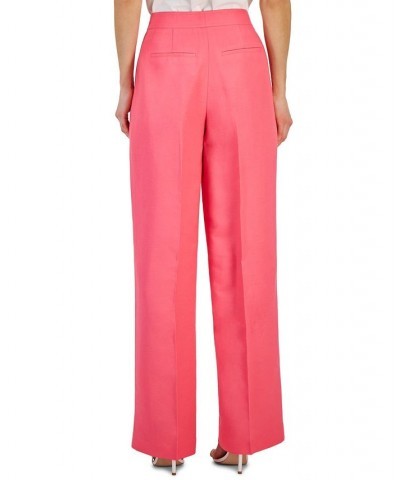 Women's Linen High Rise Wide-Leg Asymmetrical-Fly Pants Pink $49.05 Pants