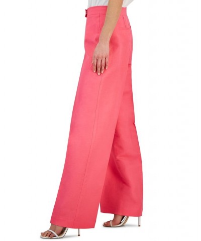 Women's Linen High Rise Wide-Leg Asymmetrical-Fly Pants Pink $49.05 Pants