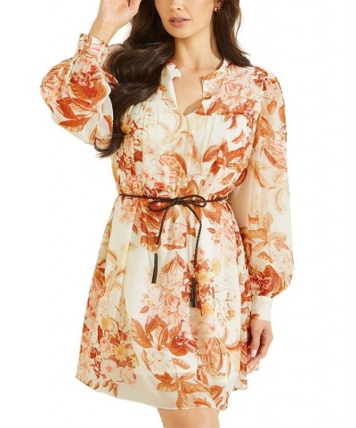 Women's Morgane Floral-Print Belted Chiffon Dress Forest Floral Print White $27.51 Dresses