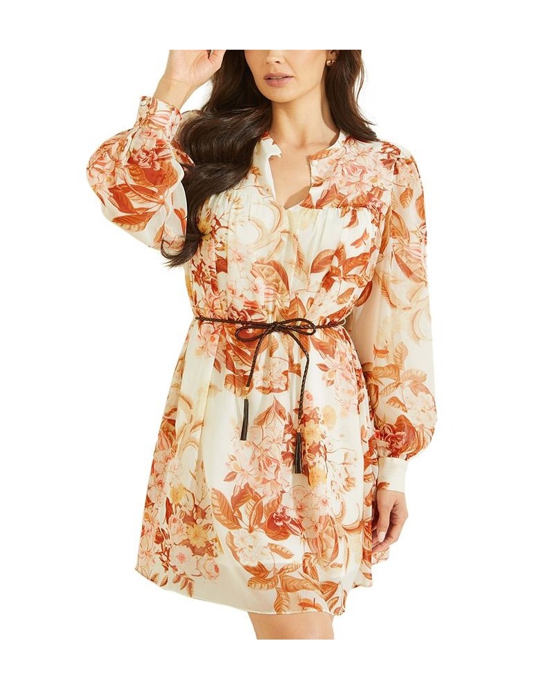 Women's Morgane Floral-Print Belted Chiffon Dress Forest Floral Print White $27.51 Dresses