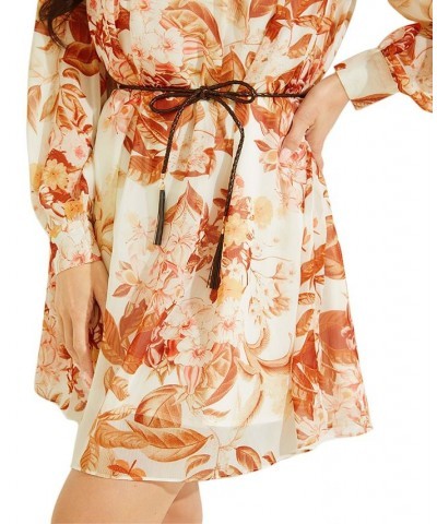 Women's Morgane Floral-Print Belted Chiffon Dress Forest Floral Print White $27.51 Dresses