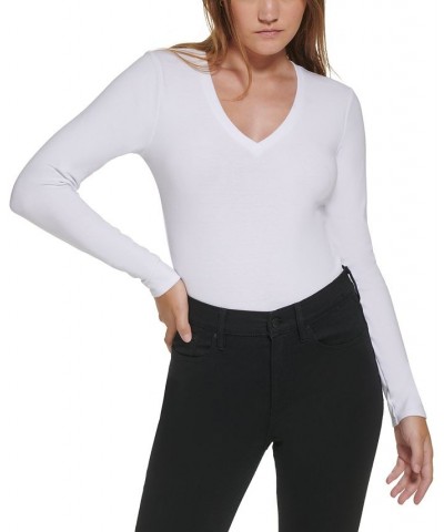 Women's Long-Sleeve V-Neck Bodysuit White $12.78 Tops