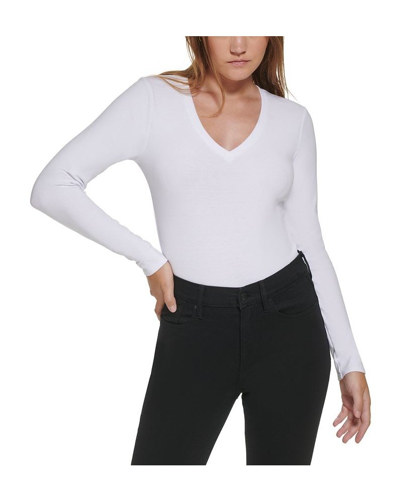 Women's Long-Sleeve V-Neck Bodysuit White $12.78 Tops