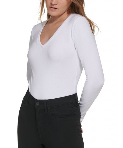 Women's Long-Sleeve V-Neck Bodysuit White $12.78 Tops