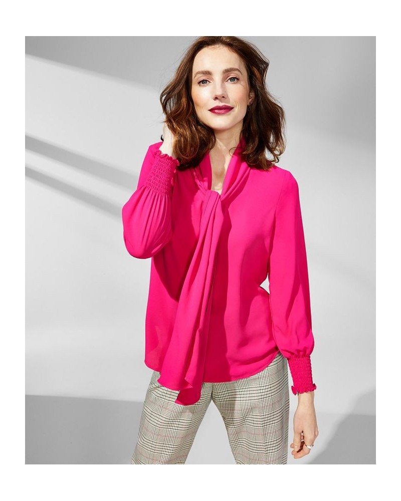 Women's Smocked-Cuff Tie-Neck Blouse Pink $31.92 Tops