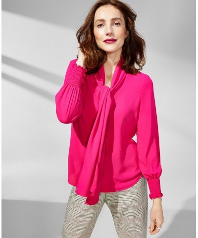 Women's Smocked-Cuff Tie-Neck Blouse Pink $31.92 Tops