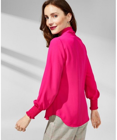 Women's Smocked-Cuff Tie-Neck Blouse Pink $31.92 Tops